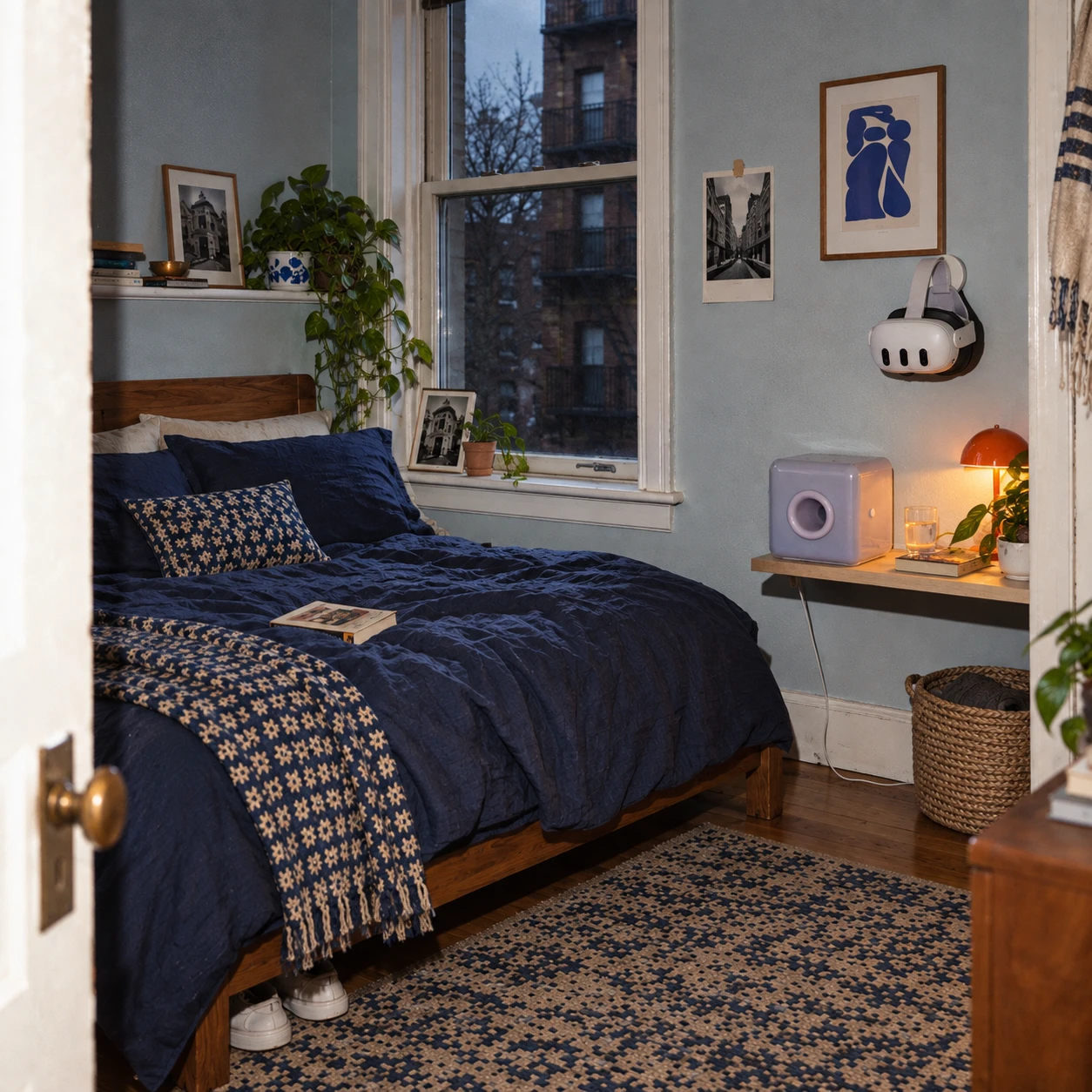 Lavender box on a bedside shelf in a blue city bedroom