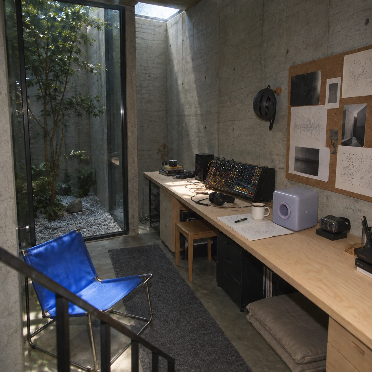 Lavender box on a desk in a concrete courtyard music studio