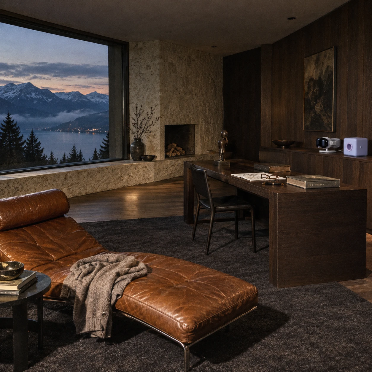 Lavender box in an oak and stone study overlooking an alpine lake