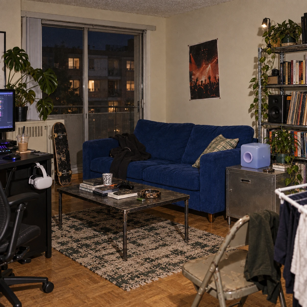 Lavender box beside a secondhand blue sofa in a first apartment