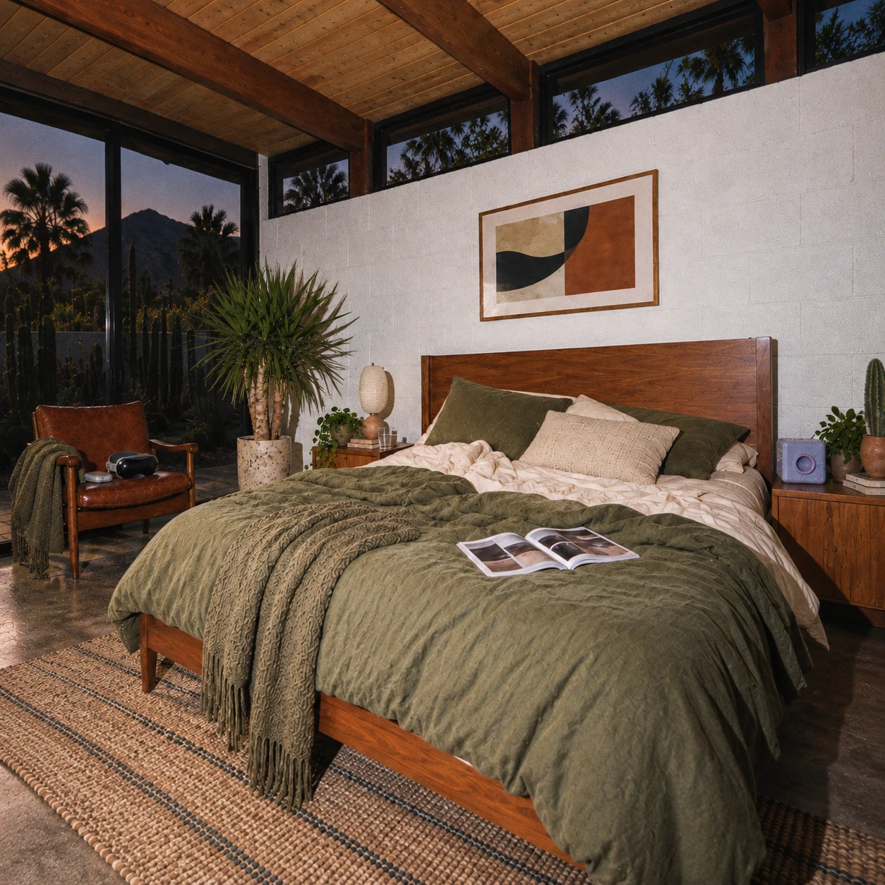 Lavender box beside the bed in a timber and blockwork desert house