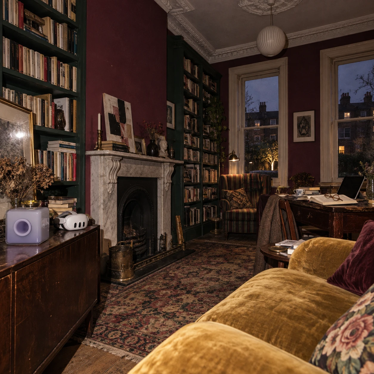 Lavender box on an antique cabinet in a Victorian reading room